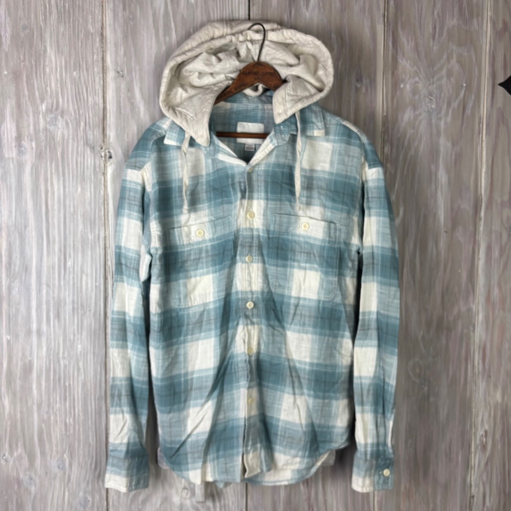 American Eagle‎ Plaid Flannel Hoodie Removeable Hood Shirt Sz XS Blue Grunge Y2k
